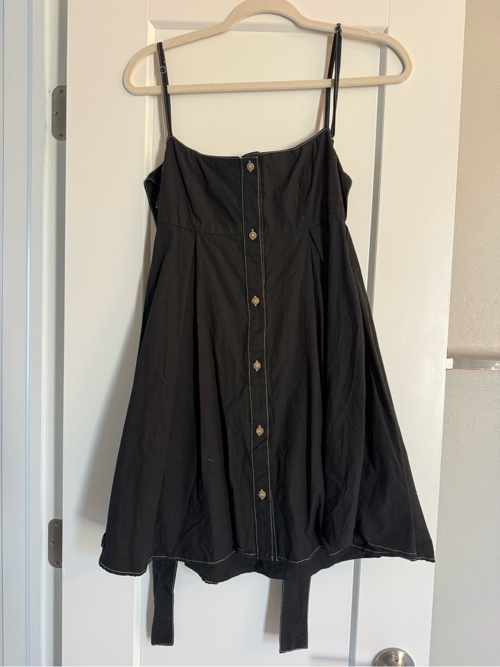 Black Button-Front Mini Dress with Spaghetti Straps